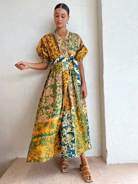 Alemais Archie multi colored pattern linen maxi wrap dress